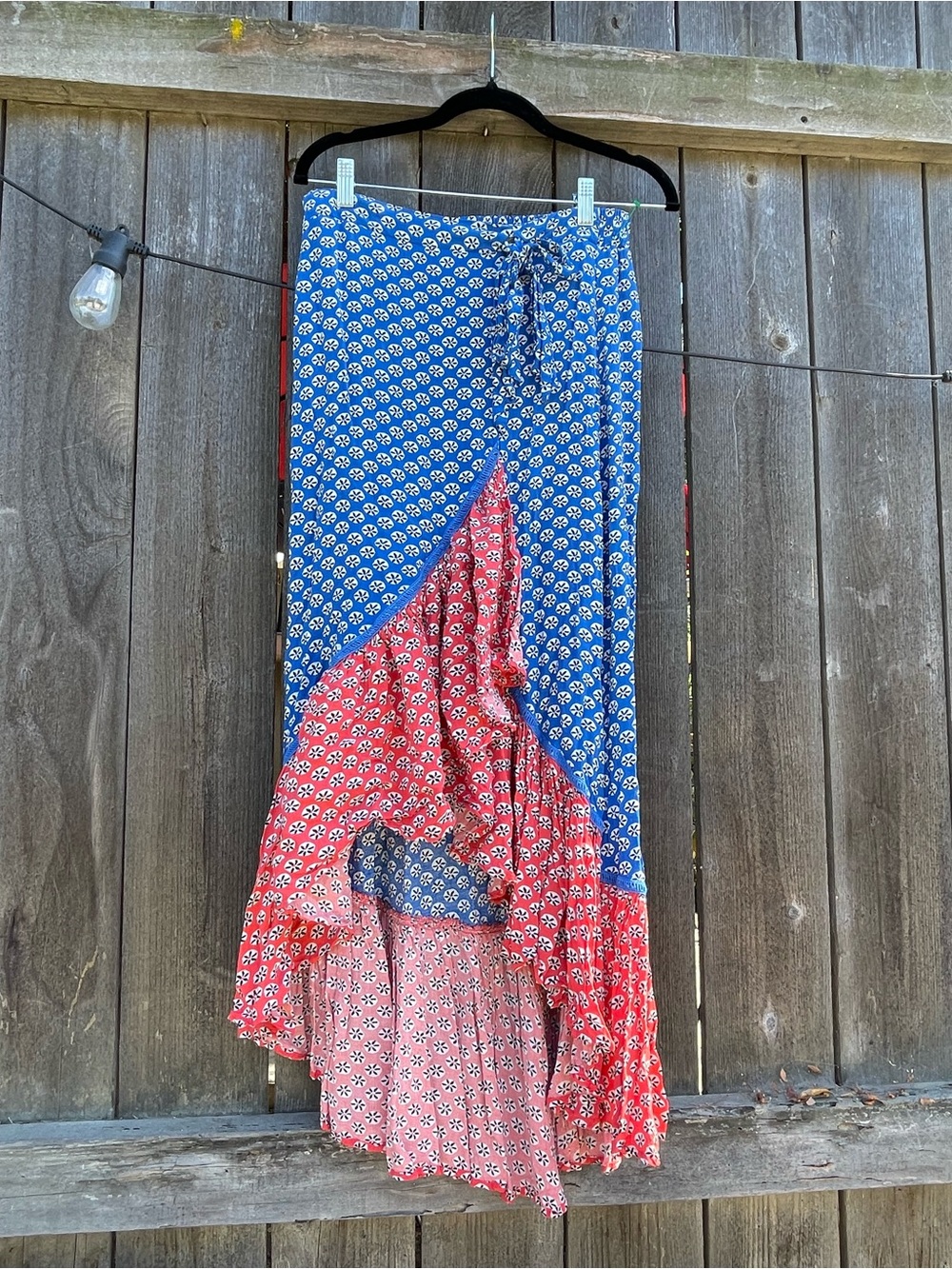 Blue and Red Printed Wrap Maxi Skirt